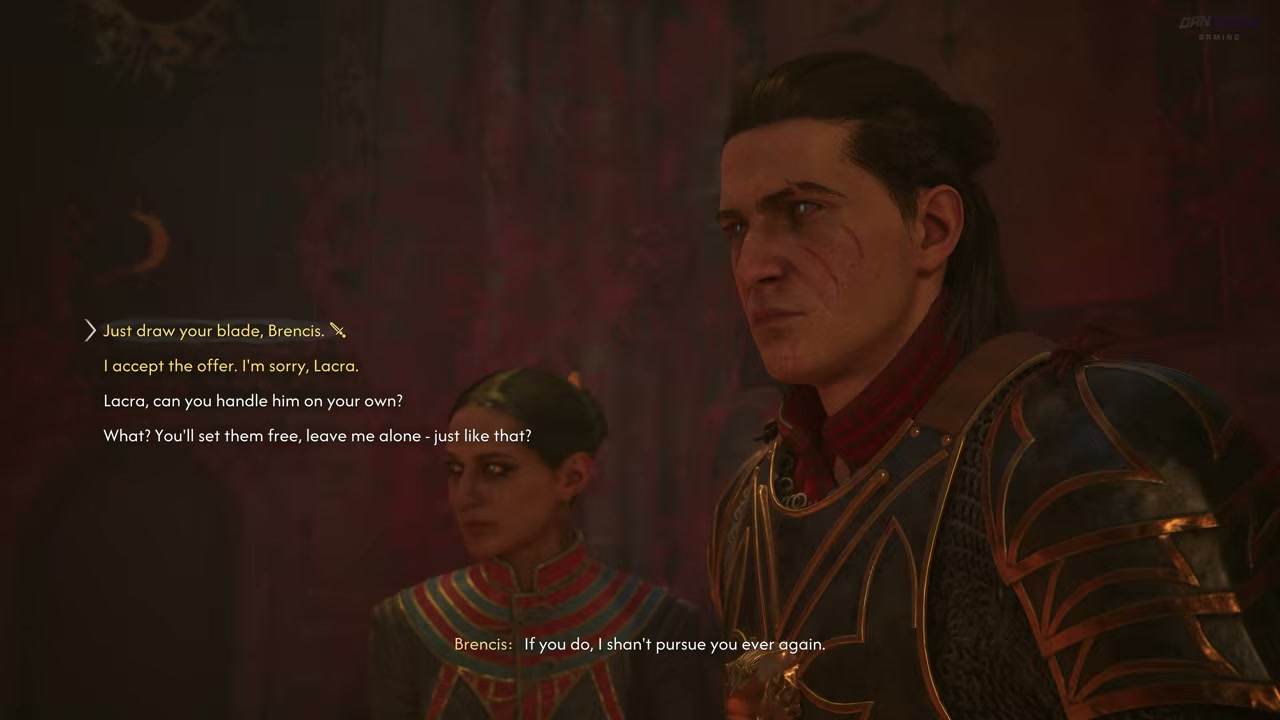 Final confrontation dialogue highlights Just draw your blade, Brencis, with Lacra present
