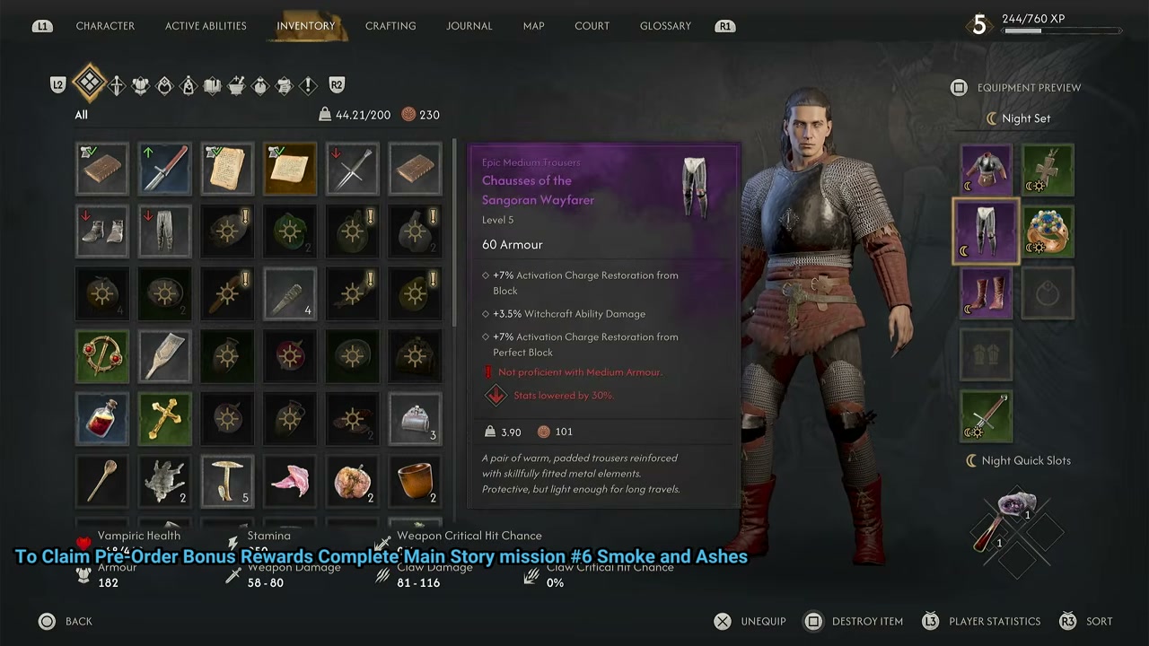 Chausses of the Sangoran Wayfarer item panel shows Epic Medium Trousers, level 5, 60 armour and a 30 percent proficiency penalty