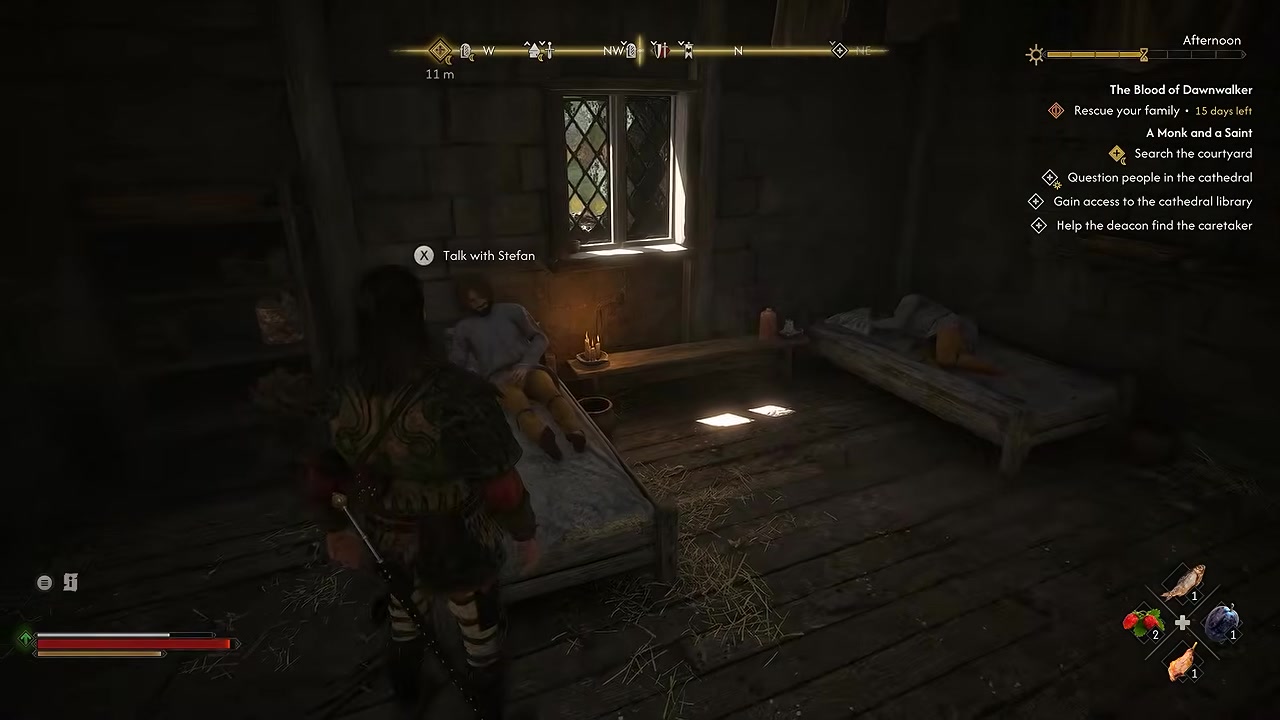 Stefan lies in a bed beneath the sick-ward window with a Talk with Stefan prompt.