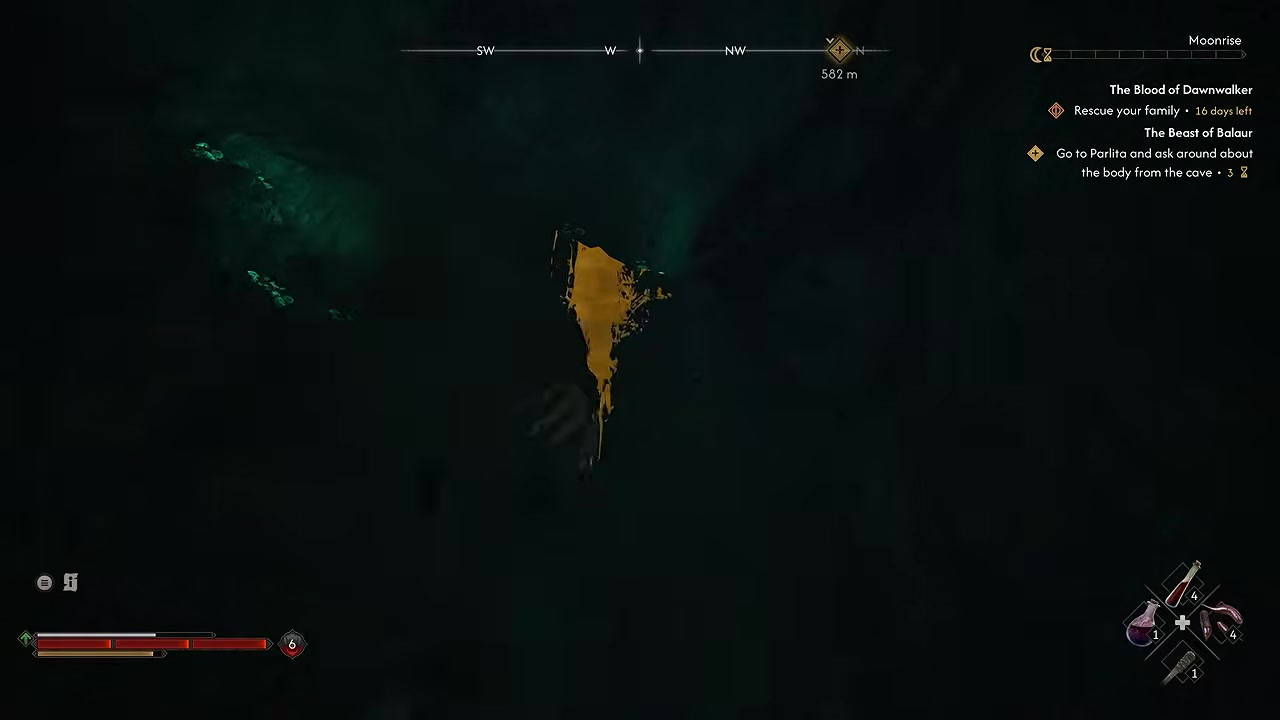Gold-highlighted overhead rock in the dark Beast of Balaur cave during Moonrise.