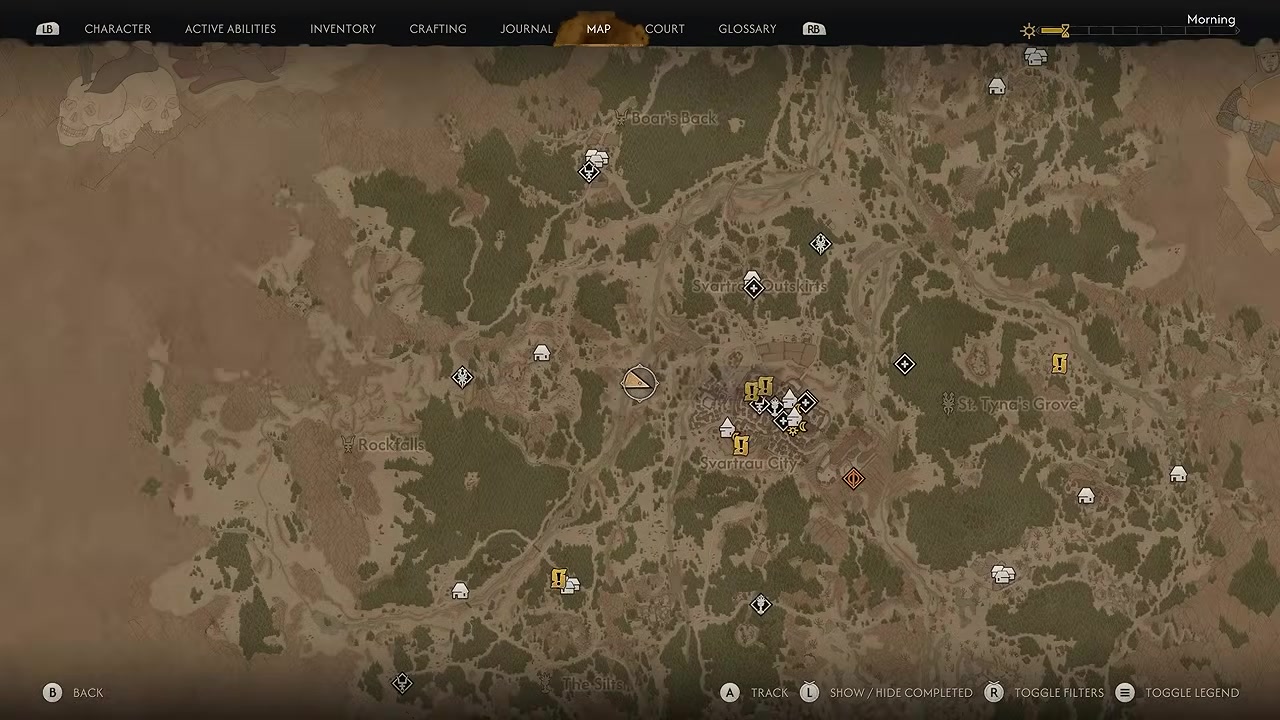 World map with Coen’s marker at the river bend west of Svartrau City, between Svartrau Outskirts and Rockfalls.