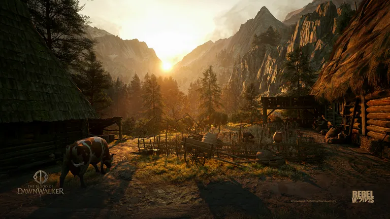 Coen walking through a sunlit mountain settlement in an official Dawnwalker screenshot