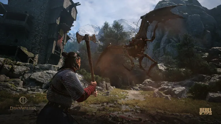 Coen facing a large creature with an axe in an official Dawnwalker screenshot