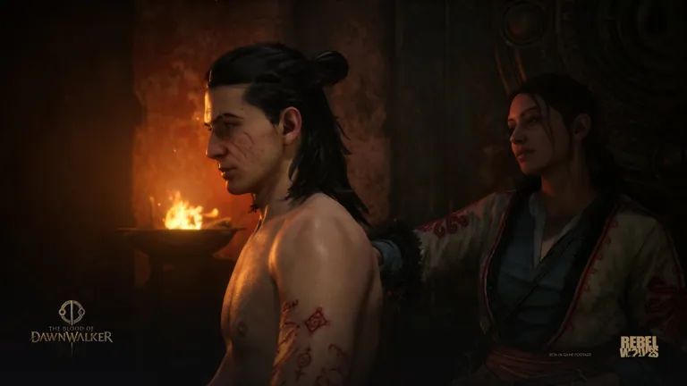 A woman marking Coen’s back beside a fire in an official Dawnwalker screenshot