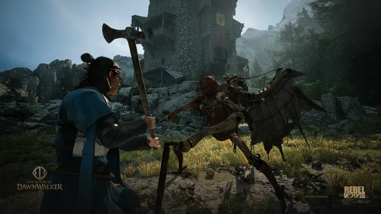 Coen fighting an armoured opponent with a sword in an official Dawnwalker screenshot