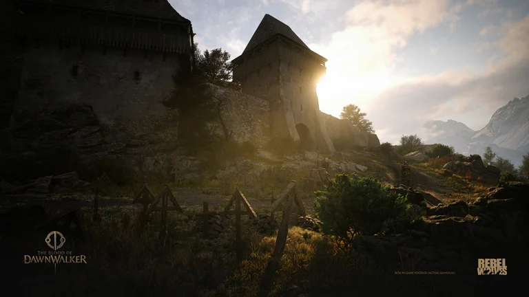 A mountain path beside a stone fortress in an official Dawnwalker pre-release image